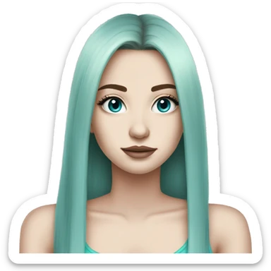 Cute girl, pale skin, big lips, straight hair, long hair, lack hair, big lashes, cyan tank top, long hair emoji sticker