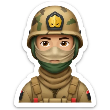
an Iraqi soldier with a serious face, wearing a helmet and a balaclava covering his mouth sticker