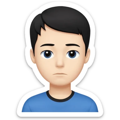 Cute apple emoji-style boy portrait, black hair, blue t-shirt, big black eyes, closed mouth,clean bold lines, flat colors, minimal shading sticker