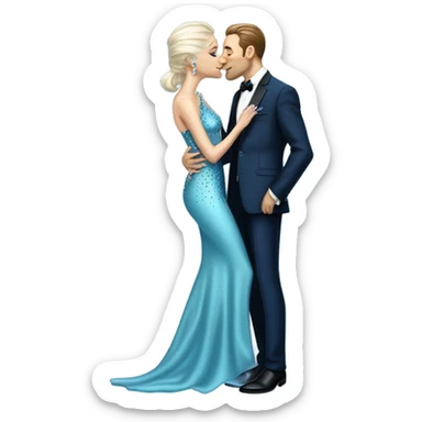 reptilian alien woman, in long slim pastel blue formal party satin dress with gradient shiny sparkling navy blue diamonds embroidered , and caucasian man in black dress kissing sticker