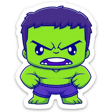 Chibi Hulk, cute small proportions, big head, tiny body, adorable angry expression, green skin, purple shorts sticker