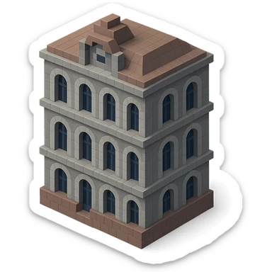 old Saint Petersburg building in voxel style, muted gray and brown colors, tall arched windows, isometric view sticker
