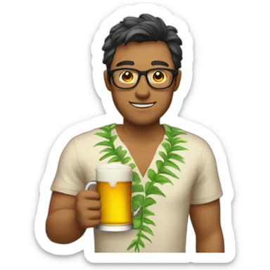 person wearing glasses alohashirt is holding beer sticker