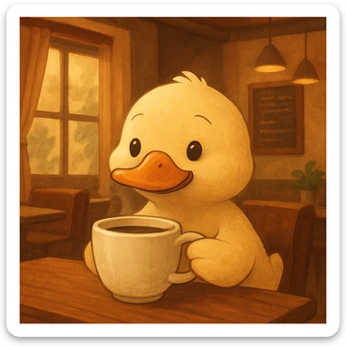 cute duck drinking coffee in a cafe, relaxed atmosphere sticker