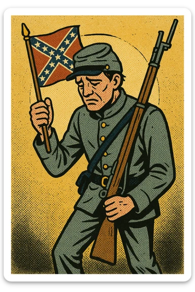 The full body of a Confederate soldier from the American Civil War holding a small confederate flag and his rifle. He is looking defeated. sticker