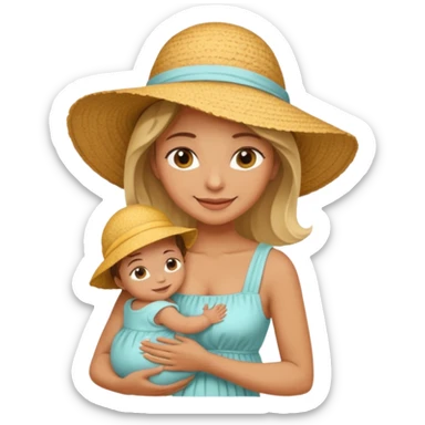 A mom in a sunhat holding her baby gently, wearing a sun-dress while smiling softly. sticker