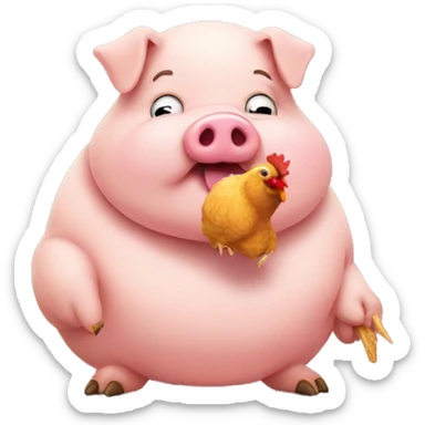 Fat pig eating a chicken  sticker