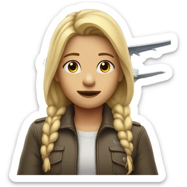 Blond girl crying by an airplane sticker