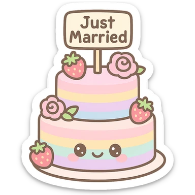 pastel rainbow wedding cake with strawberries, pink roses, 'Just Married' topper, kawaii style sticker