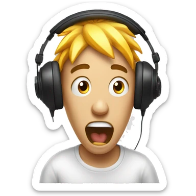 explosion face man wearing headphones, very surprised with wow face, mind blown looking at a computer screen sticker