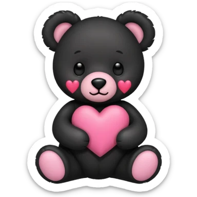 Black teddy bear holding a pink heart sticker