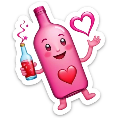 A heart emoji with a dizzy, playful expression, holding a bottle of alcohol in one hand, swaying slightly as if tipsy, with swirls or stars around it to symbolize drunkenness sticker