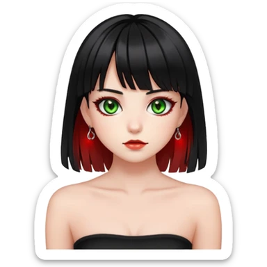 Girl. Green hazel eyes. Black hair with red e-girl bang highlights and red perk-a-boo underlights. Medium long hair. black strapless crop top. Skinny face. sticker
