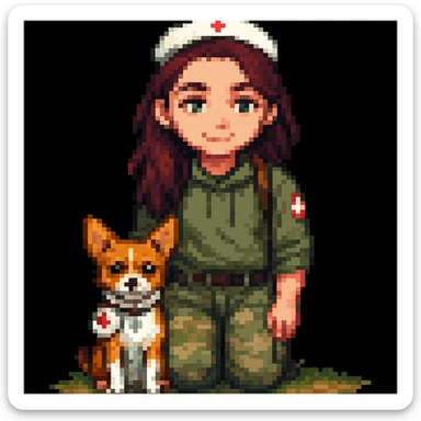 military girl, a medic with a small dog, pixel art style, make the character look like her sticker