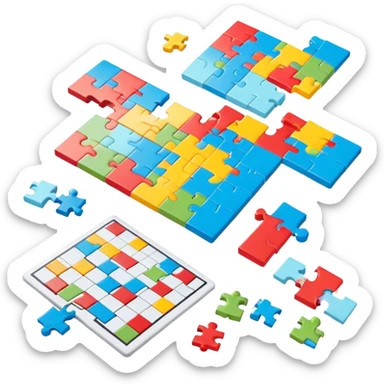 A photorealistic icon with a colorful, fragmented puzzle piece, a crossword magazine, a 3D puzzle, and a partially completed puzzle on a table. Bright, detailed design with realistic lighting. Transparent background, clearly symbolizing puzzles and brain games. sticker