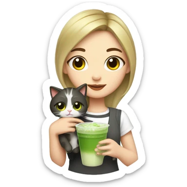 Cute girl holding a cat and cup of iced matcha  sticker