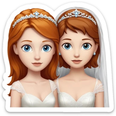A ginger woman with blue eyes, marrying a taller woman with dark brown hair and hazel eyes, both in wedding dresses. sticker