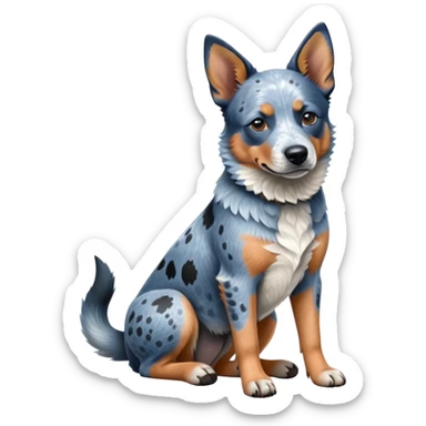 cinematic-[australian catle dog]-realistic-full-body-sitting-emoji,-tail-resting-loosely-beside-its-paws,-head-tilted-dramatically,-sleek-[vibrant-blue-speckle-fur]-fur,-simplified-yet-realistic-focused-features,-highly-detailed,-glowing-with-an-almost-sarcastic-glow sticker