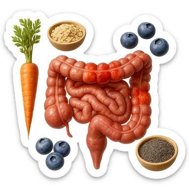 intestino umano anatomico infiammato al centro con carota, bowl di avena, mirtilli, bowl di semi di chia che gli fluttuano intorno , iperrealistico 4k sticker