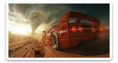 Cinematic still of a ferrari f40 around tornado od arizona desert, sun flare, captured by gopro hero with effect fisheye, water drops on car body, detailed, inspired by interstellar look, captured by a arri alexa, inspired by Wes Anderson sticker