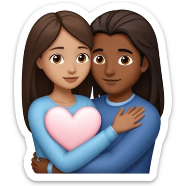 A couple hugging. The man has medium brown skin, dark brown slightly long straight hair. The woman has fair skin, long dark brown hair. White hearts around them. sticker