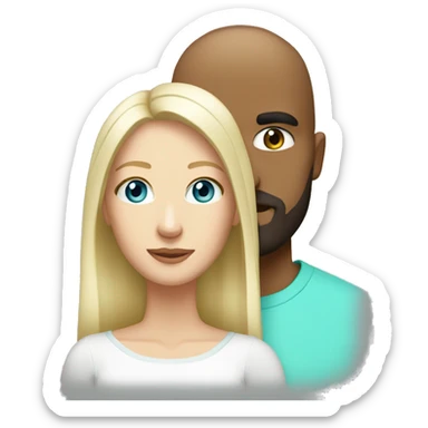 White couple. Male bald with beard. Aqua eyes. Woman long blonde brown highlight hair. 35. Aqua eyes.  sticker