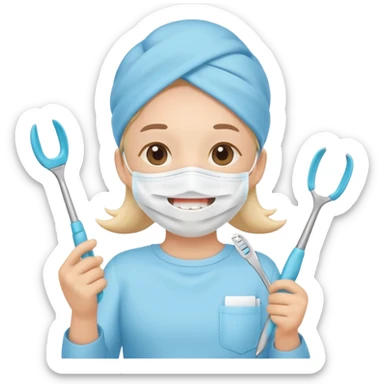 Cute tooth character wearing a face mask, holding dental tools, friendly and clean emoji style, flat illustration, simple design, white background. Diente animado no person sticker