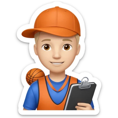cute basketball coach portrait, head and shoulders only, whistle, cap, clipboard strap, confident smile, 3D cartoon, mobile game icon style, clean background, no text, no watermark
 sticker