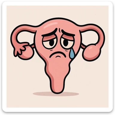 a cartoon uterus with a sad expression, teardrop, simple background, modern illustration style sticker