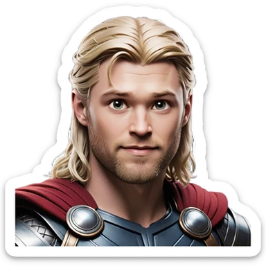 Cinematic Realistic Thor Portrait, head tilted playfully and inquisitively, showcasing his robust form and a warm, disarming smile. His expressive eyes and detailed armor are captured with lifelike clarity, as soft natural highlights reveal a side of the mighty god that is both approachable and full of mirth. sticker