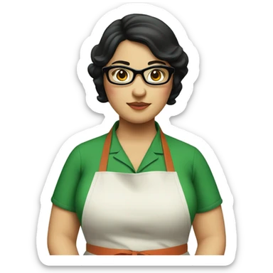 chubby lady with black hair green apron  with glasses cooking  sticker