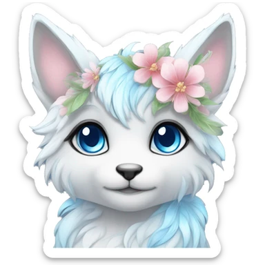 Anthro Cute Cool Kawaii gorgeous sparkly ethereal fantasy animal creature with blue eyes furry sona with flowers beautiful aesthetic sticker