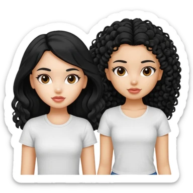 2 pretty bratz fair girls. One has straight black hair and is tan, wearing a white tshirt. One is fair with curly black hair, wearing a black tshirt  sticker