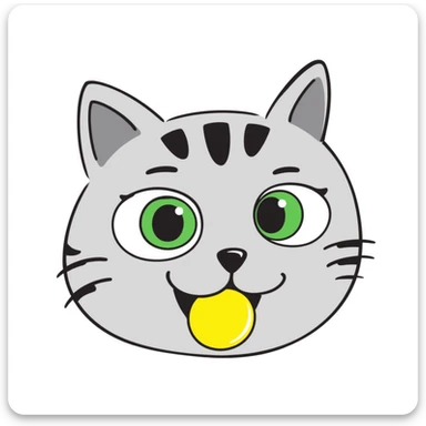 gray cat head with black stripes, large green eyes, big black pupils, mouth open, small solid yellow ball in mouth sticker