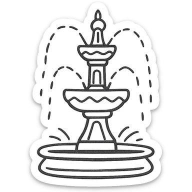 Casa Bonita Fountain, hand-drawn, black outline, whimsical, water jets, simple background sticker