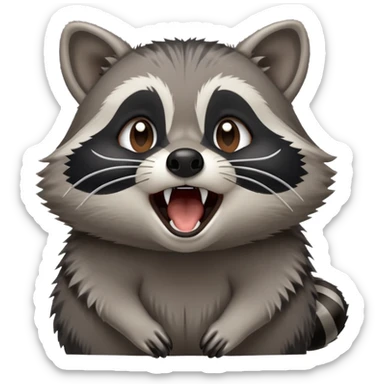 Cinematic-Cute-Yawning-Raccoon-Portrait-Emoji – Head tilted slightly with a dramatic, wide-open yawn, revealing a soft grey and black fur with a striped bushy tail, round brown eyes barely open in drowsy curiosity zoome out to show shoulders sticker