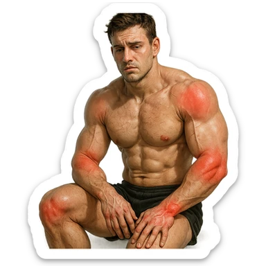 25-year-old bodybuilder with widespread joint pain, hyper realistic style, defined muscles, multiple joints highlighted in red, tired expression, text 'Dolore diffuso', clinical atmosphere, white background sticker