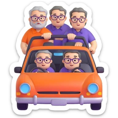 front view of an orange car with three people inside: driver male with chubby face, light stubble, purple shirt; front passenger middle-aged male with round face, gray hair, glasses, checkered shirt; rear passenger male with sharp face, black hair, glasses, black t-shirt sticker