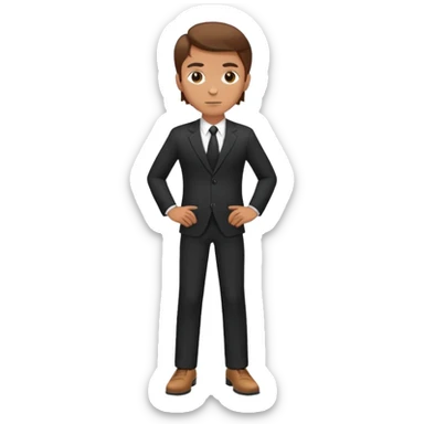 Caucasian male, brown hair, standing wearing dark suit and shoes, with hands on hips sticker