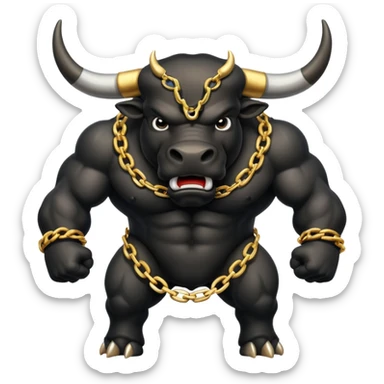 The emoji is an angry black powerful bull with steam coming out of its nose and a gold chain hanging from its neck with the inscription - bull run sticker