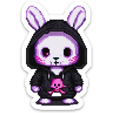Kuromi character, purple bunny with a black hood and pink skull sticker