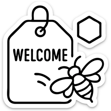 Welcome tag with buzzing bee, hexagon shape, 'WELCOME' text sticker