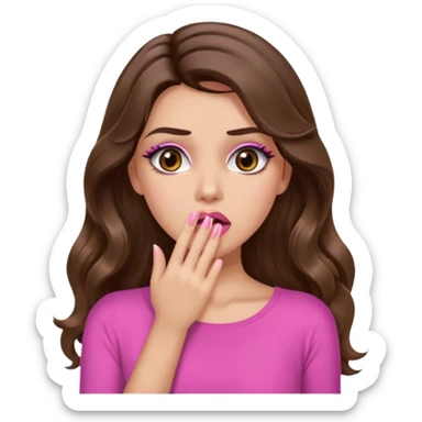 girl with long wavy brown hair, brown eyes, long lashes makeup, sexy pink lips, light to medium complexion, pink sexy top, shocked, hand covering mouth sticker