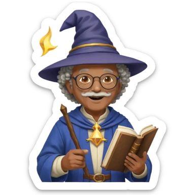 A Joyful Elderly Male with Brown skin and Curly hair, wearing a Traditional outfit, a Wizard hat, Sunglasses, carrying a Spellbook, working as a farmer, while drinking Coffee and reading a Textbook. sticker