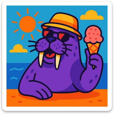 purple walrus enjoying summer, holding an ice cream, fun illustration sticker