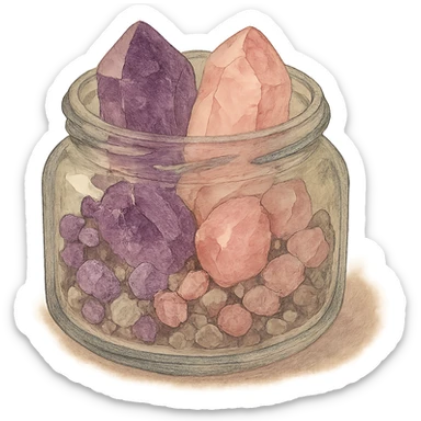 very realistic amethyst and rose quartz crystal pieces in an open glass jar, pretty small rough pebbles, mixed together, natural colors, soft, fairy-like atmosphere, no background, square size sticker