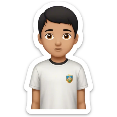 latin boy, black hair, wearing a school T-shirt sticker