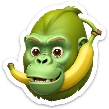 A yellow curved banana with a bright green gorilla head at the top, with gorilla facial features sticker