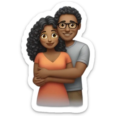 Indian woman with curly hair hugging a tall white man wearing glasses sticker
