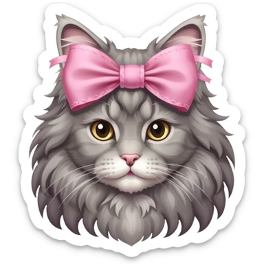 A grey Maine coon Wearing a pink Rococo style Bow ribbon sticker
